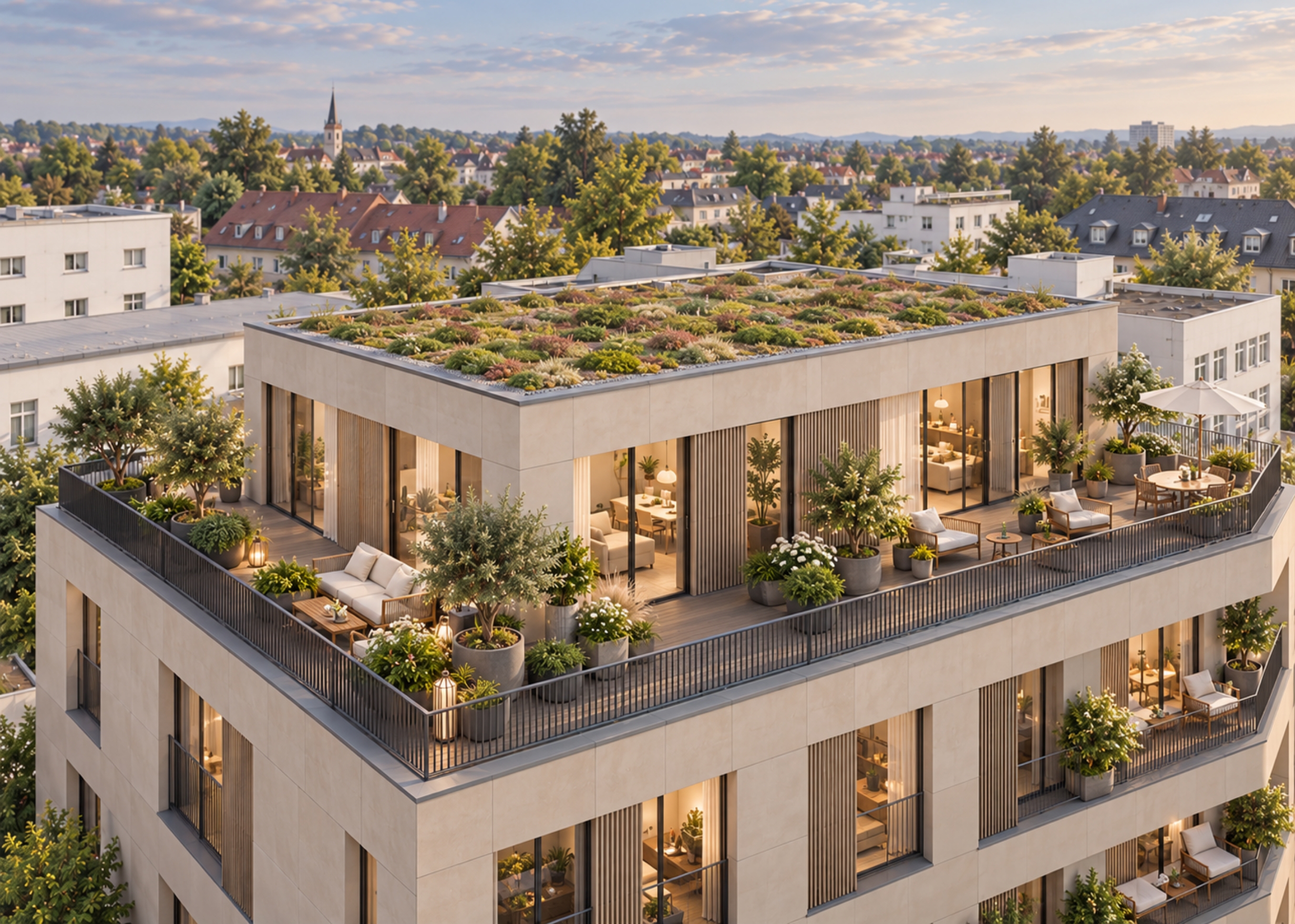 Visualisierung des geplanten Wohnprojekts Kepler 8 mit Staffelgeschoss und Dachterrassen